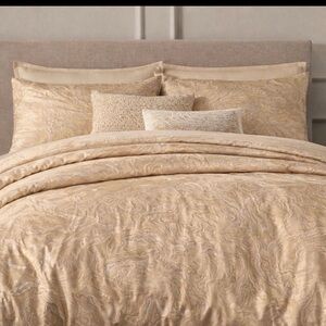 Donna Karan Queen Duvet Cover Set Gold Beige Liquid Marble Cotton Blend Shams